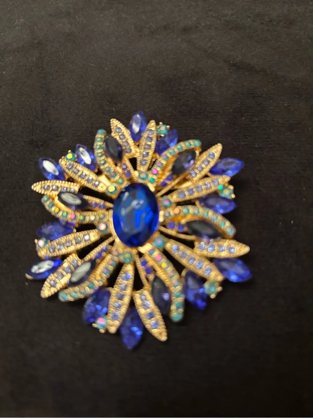 Radiant Gold-Tone Blue and Teal Crystal Floral Brooch